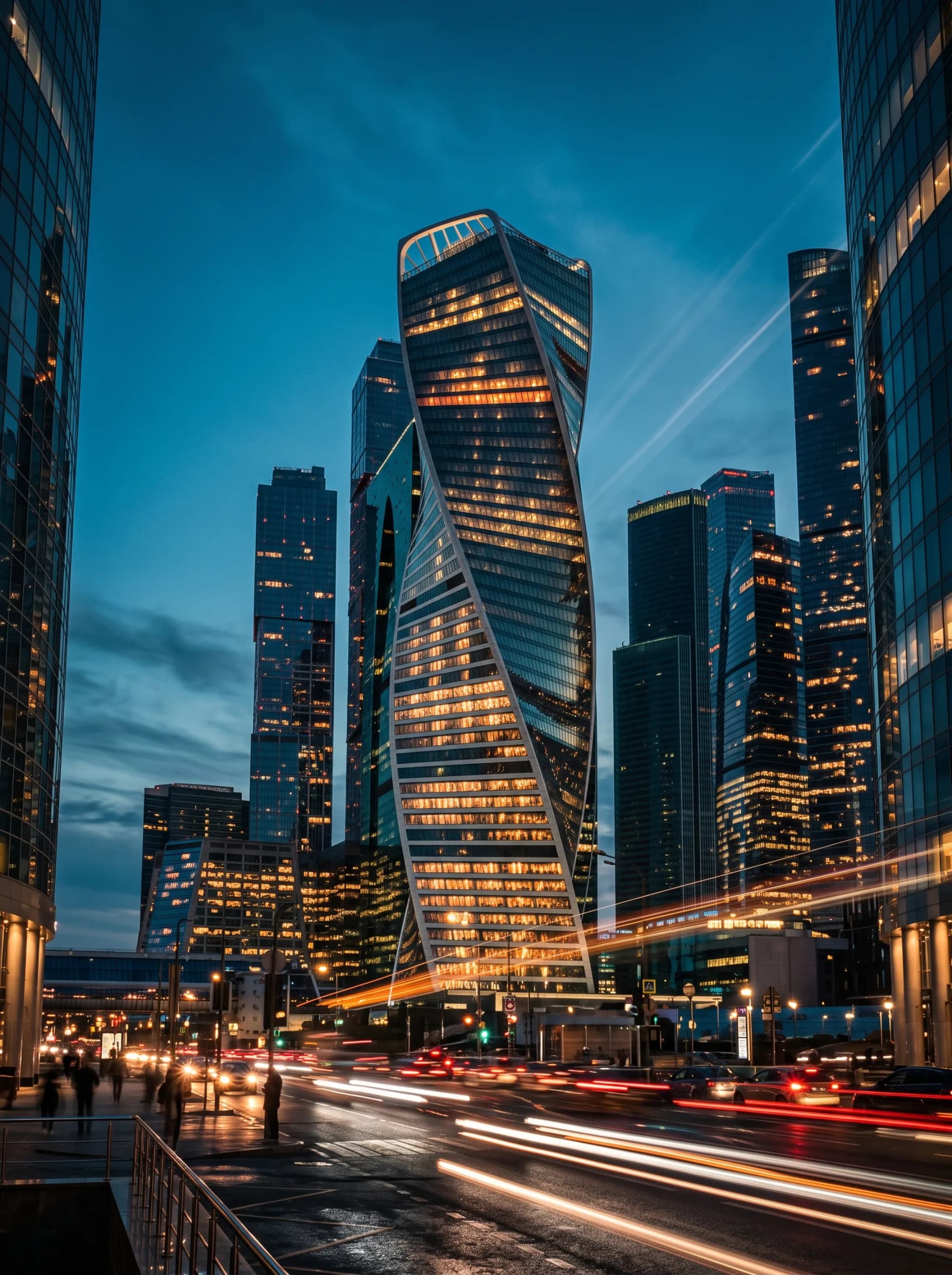 A business district at night